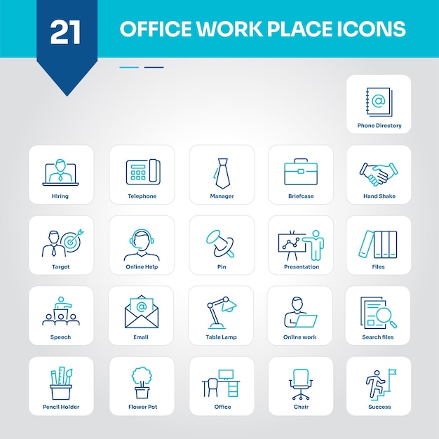 Office Icons Collection Set of Desk Computer Chair Workspace Meeting File Document and more