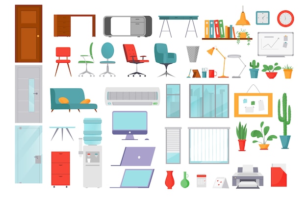 Office objects flat icons illustrations collection of isolated computers