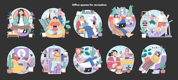 Office recreation set employees unwind in cozy zones meditation board games reading corners casual