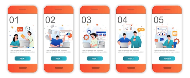 Office work concept onboarding screens for mobile app templates Colleagues doing tasks paperwork