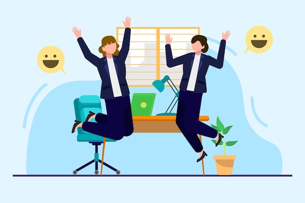 Vector office workers joy at work career business achievement concept colored flat vector illustration