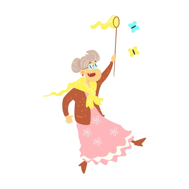 Old Lady Catching Butterflies Cute Cartoon Style Isolated Flat Vector Illustration On White Background