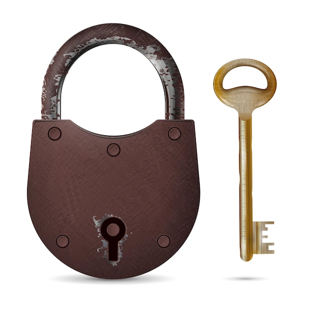 Old rusty padlock and threadbare metallic key