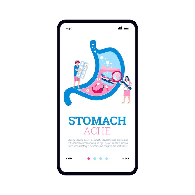 Onboarding mobile page for stomach ache treatment cartoon vector illustration