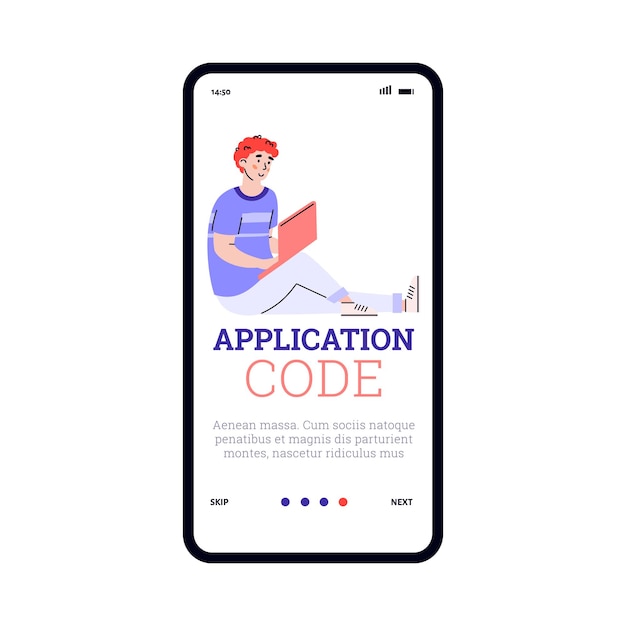 Onboarding page for application code creating cartoon vector illustration