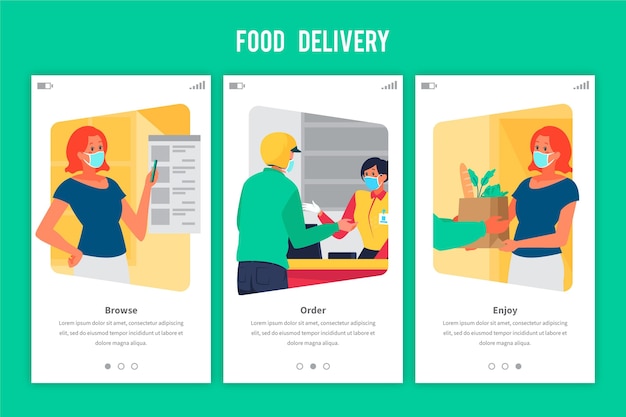 Vector onboarding screens food delivery order and receive