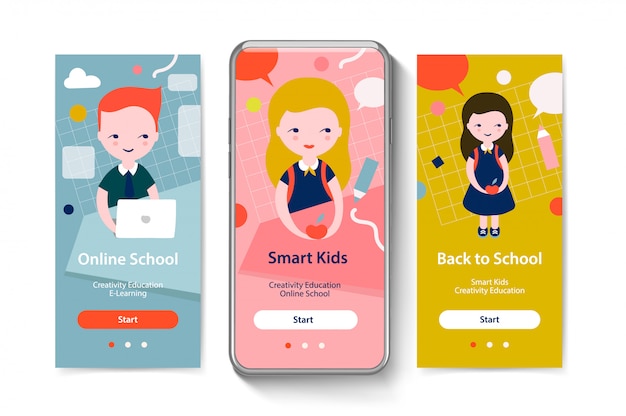 Onboarding screens for mobile app templates concept. Back to School, Smart Kids, Online Education. Vector illustration