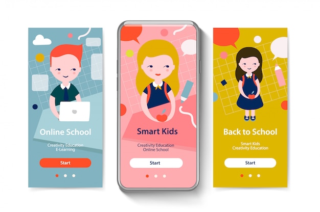 モバイルアプリテンプレートの概念のオンボーディング画面。学校に戻る、スマートキッズ、オンライン教育。ベクトルイラスト