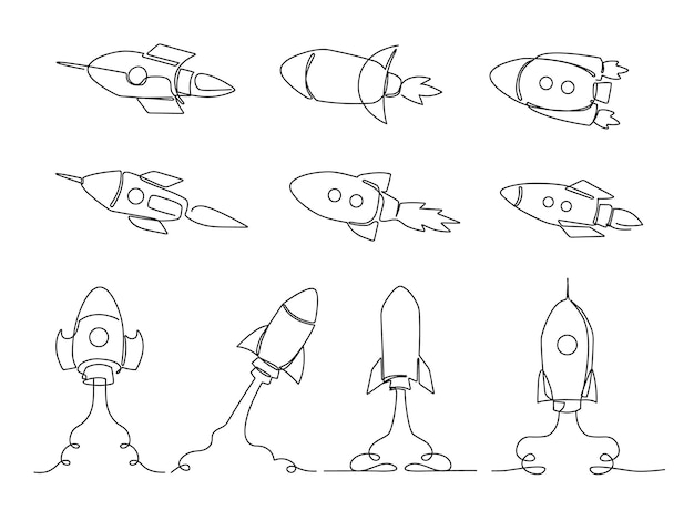 One line rocket Space ship launch simple rockets flying into universe and spacecraft sketch vector illustration set