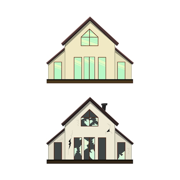 One-storey house before and after repair. Cartoon style.