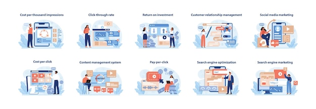 Vector online advertising metrics vector set a detailed visual series displaying key metrics and tools for