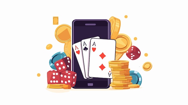 Vector online casino games banner with playing cards and golden coins