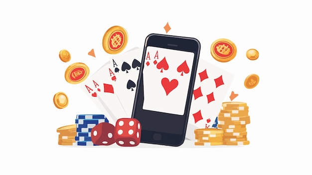 Vector online casino games banner with playing cards and golden coins