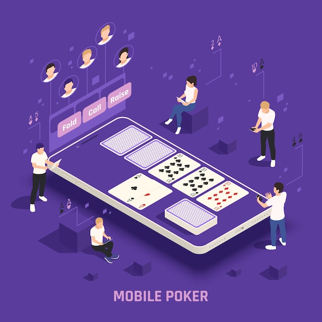 Vector online casino poker social cash games on mobile device virtual players cards purple isometric illustration