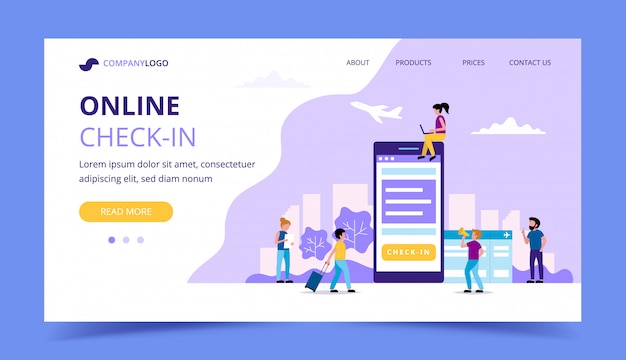 Online check-in landing page, concept illustration with smartphone, boarding pass. 