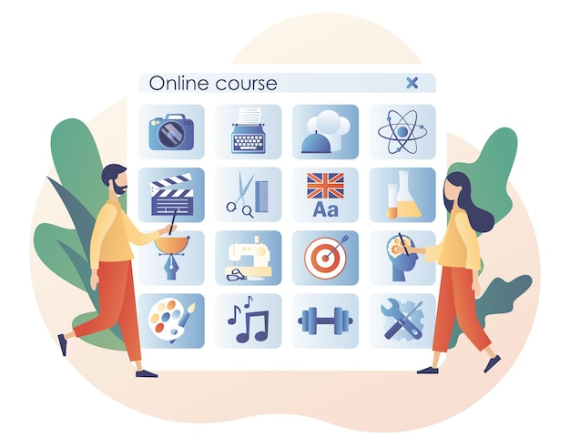 Online courses. Distance education. E-learning concept. Tiny people learn, watch webinars