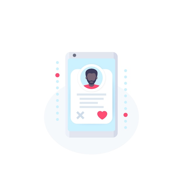 Online dating app, vector icon with man profile in smartphone