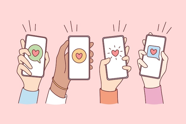 Vector online dating, love and mobile concept. hands of people holding smartphones with hearts and communication chats on screens vector illustration