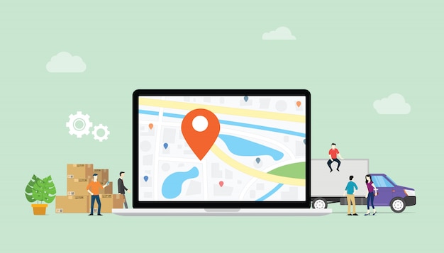 Vector online delivery service with laptop and gps pin location