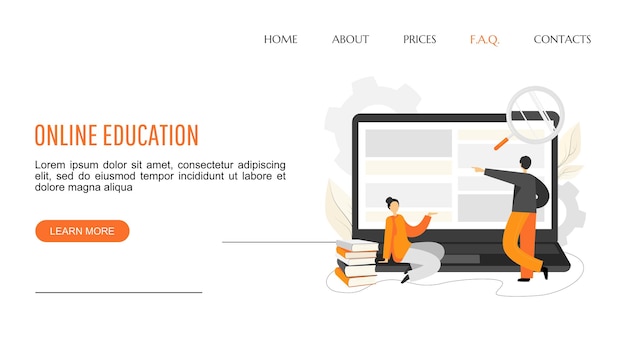 Vector online education app landing page template with people, laptop, magnifying glass and text