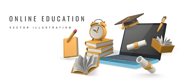 Online education concept Laptop with books pencil alarm clock graduation cap and diploma Vector illustration