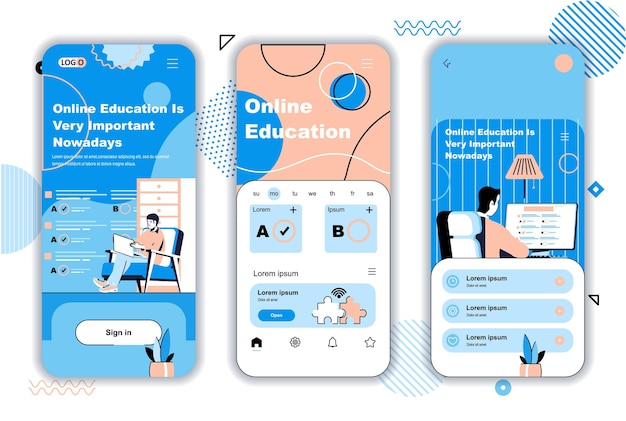 Vector online education concept onboarding screens for mobile app templates video courses learning