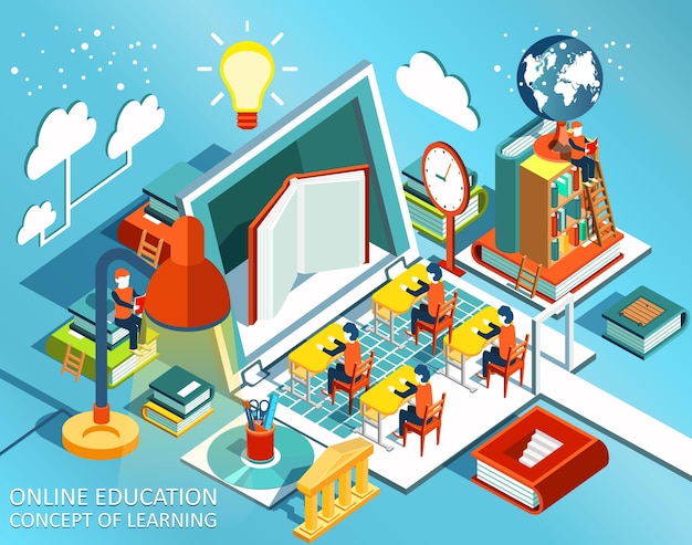 Vector online education isometric flat design the concept of learning and reading books in the library