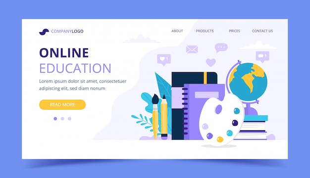 Vector online education landing page with different studying items