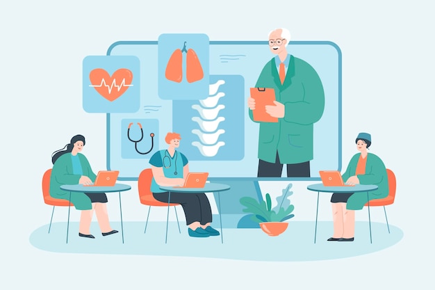 Online medical webinar flat vector illustration.
Doctor giving lecture to academic students in virtual class. Online education, medicine, technology concept