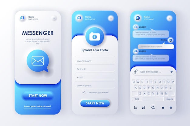 Vector online messenger concept neumorphic templates set login and registration form ui ux gui screens