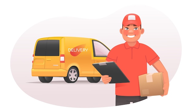 Online ordering on the marketplace and delivery of goods. Courier holds a parcel on the background of a van. Vector illustration for mobile app in cartoon style