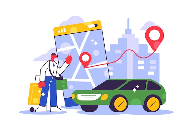 Online ordering taxi car, rent and sharing using service mobile application. Man near smartphone screen with route and points location on a city map.