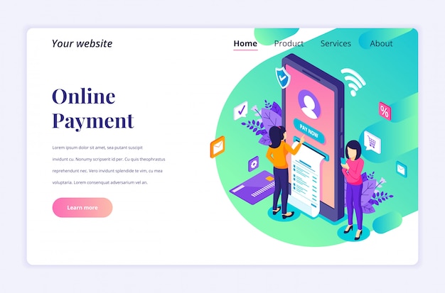 Online Payment concept, electronic money transfer with characters isometric landing page template