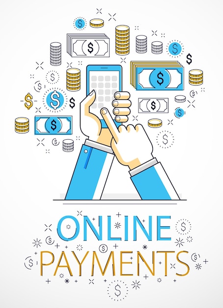 Online payments and shopping concept, man hands holding phones and using apps Internet communication and activity, , global network, marketplace, messenger, vector design.