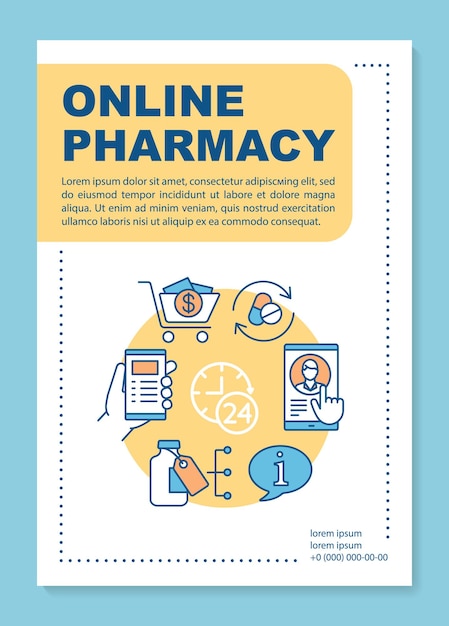 Online pharmacy poster template layout. Drugstore eshopping, ordering. Banner, booklet, leaflet print design with linear icons. Vector brochure page layouts for magazines, advertising flyers