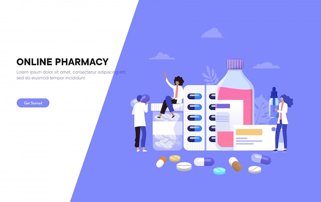 Online pharmacy store,  illustration , Pharmacist give advice and conceling medication to costumer,  landing page, template, ui, web, mobile app, poster, banner, flyer