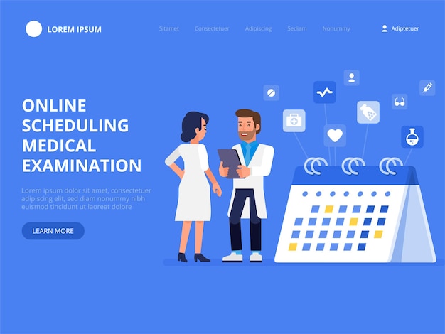 Vector online scheduling medical examination. hospital calendar landing page