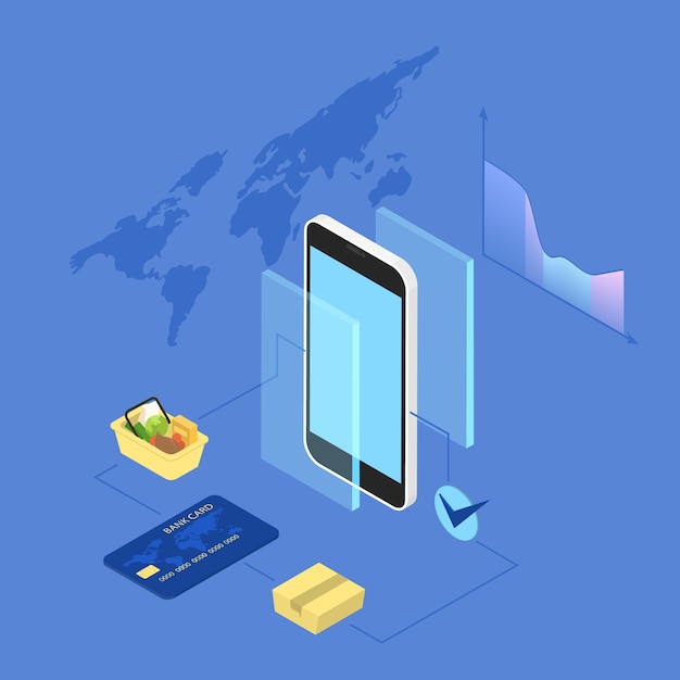 Vector online shopping. buying goods and making payments online on the web sites using devices. modern technology, internet and e-commerce.  isometric illustration