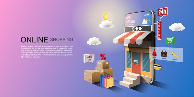 Vector online shopping concept, digital marketing on website and mobile application.