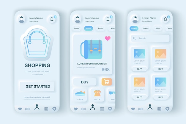 Online shopping concept neumorphic templates set Ecommerce website UI UX GUI screens