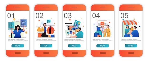 Online shopping concept onboarding screens for mobile app templates Customers buying at sales