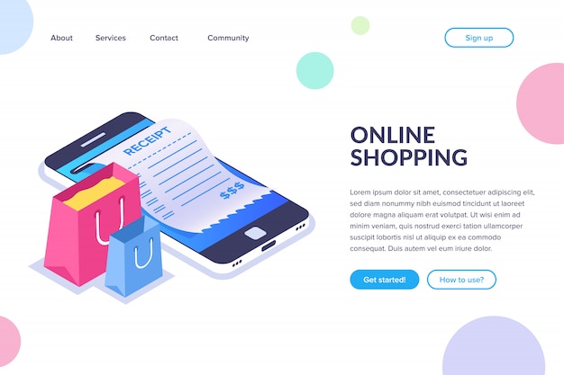 Online shopping isometric concept. shopping bags on the background of a mobile phone. Receipt on the smartphone screen. Flat landing page