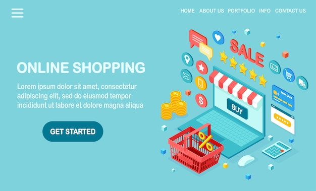 Online shopping, sale concept. Buy in retail shop by internet.  isometric computer, laptop with basket, money, credit card, customer review, feedback star, calculator.   for web banner