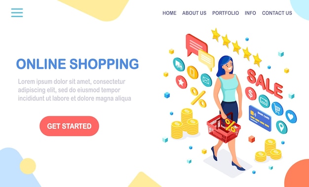 Online shopping , sale concept. Buy in retail shop by internet. Isometric woman with basket, money, credit card, customer review feedback star