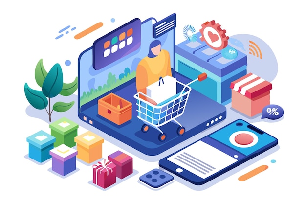 Vector online shopping scene with a shopping cart and packages