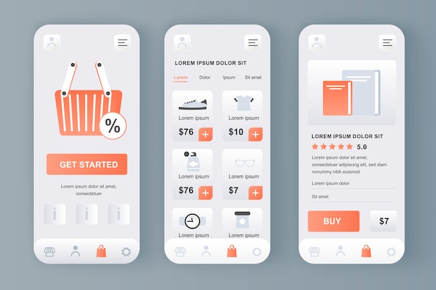 Online shopping unique neomorphic  kit for app. Shopping platform with purchases section, description and prices. Internet marketplace UI, UX template set. GUI for responsive mobile application.