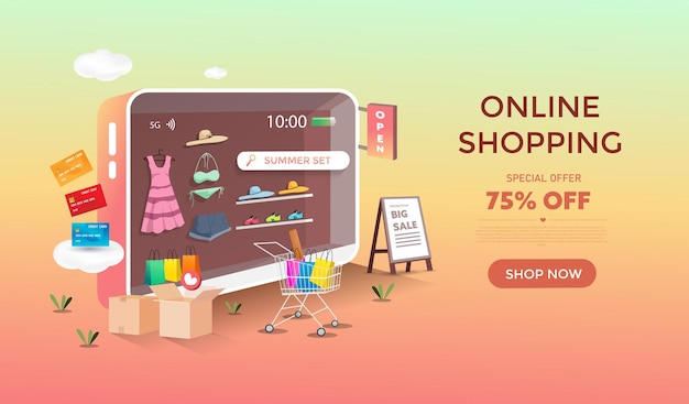 Vector online shopping with mobile store design. discount and promotion banner.