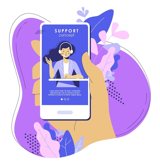 Online support concept with smartphone and operator. Young assistant woman with headset