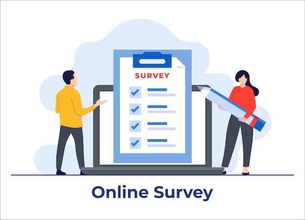 Vector online survey concept people filling survey form feedback service online test