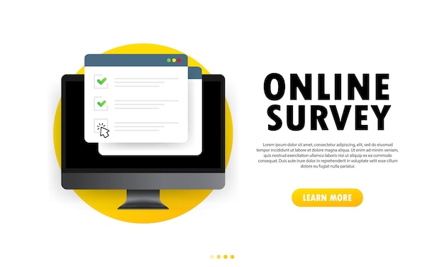 Online survey illustration. Check list online form on computer. Report on website or web internet survey, exam checklist. Browser window with check marks.  